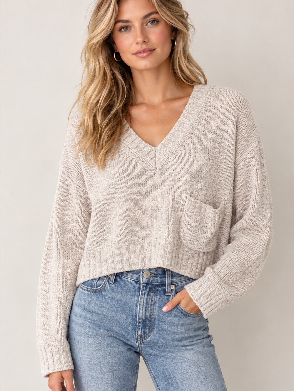 ATM Cropped Long Sleeve Slouchy Pocket V-Neck Sweater